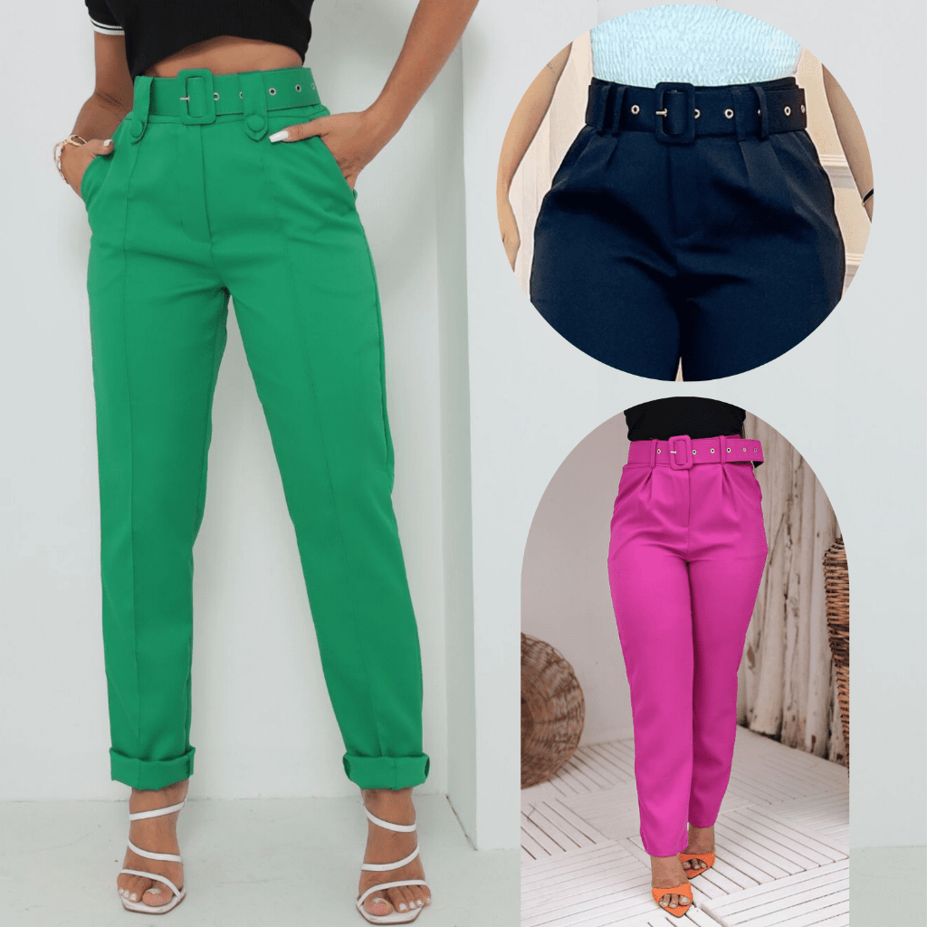 Calça Feminina Alfaiataria Social com Cinto Cintura Alta Com Bolso Skinny Moda Elegante Luxo Premium em Oferta na Shopee