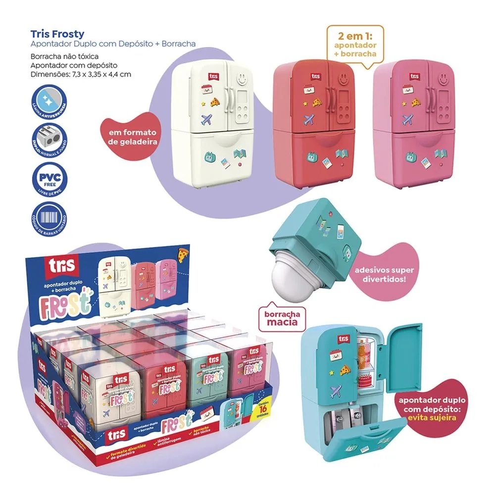 Apontador Duplo com Depósito + Borracha Frost Geladeirinha - Tris em Oferta na Shopee