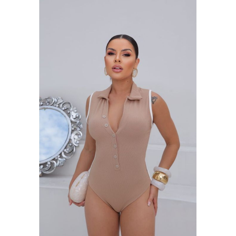 Body Bori Feminino Regata Gola Polo Botões Tendência Moda Blogueira Verão 2025 Tecido Anarruga — imagem 2 de 2