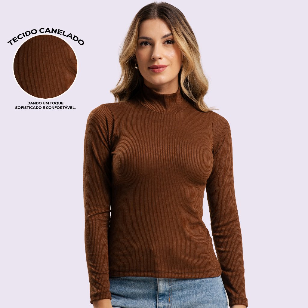 Blusa Alta Manga Longa Malha Canelada Elegante Gola Inverno Moda Gringa