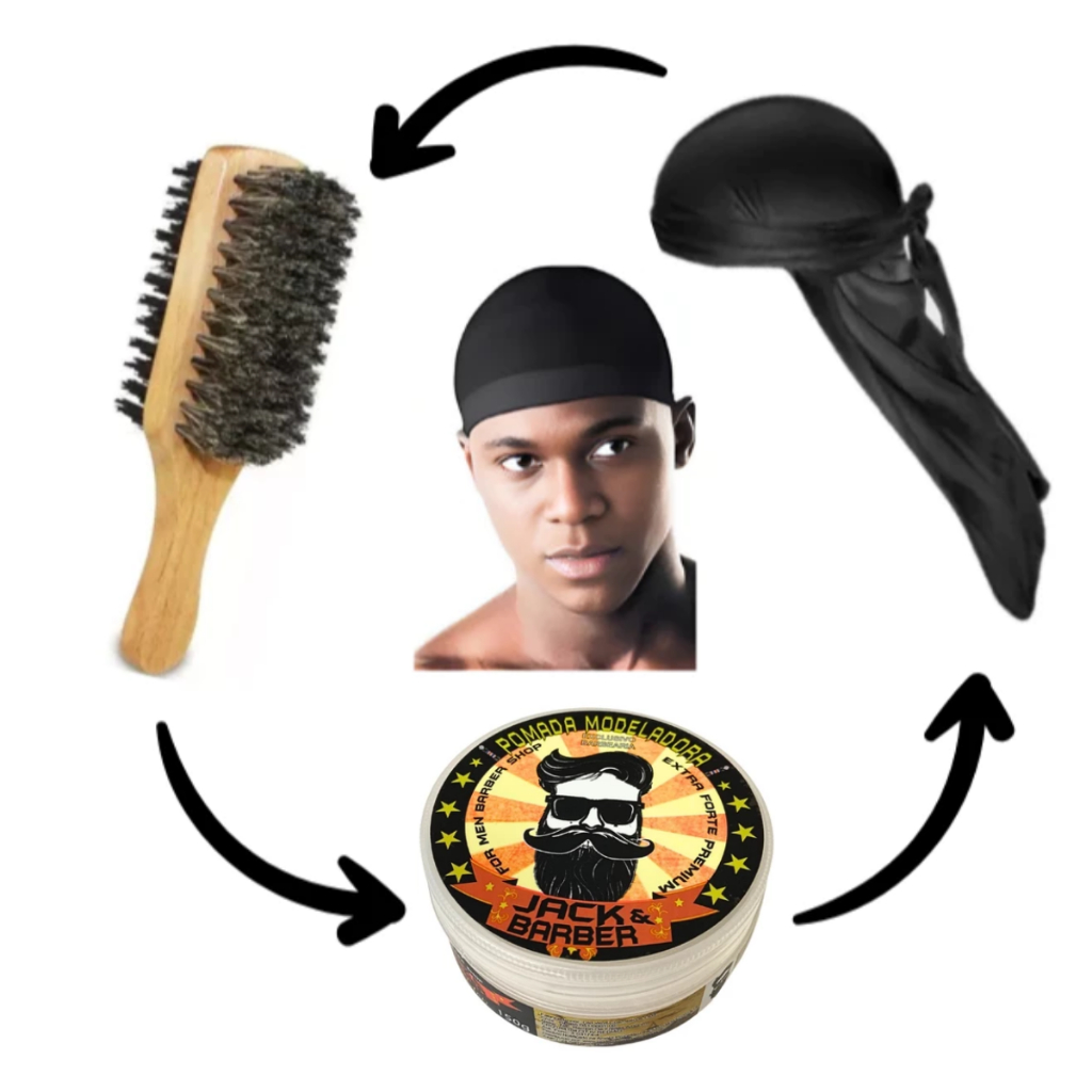 kit Waves Completo Bandana Dureg + Escova Dupla + Cera Modeladora + 2 Toucas Nero