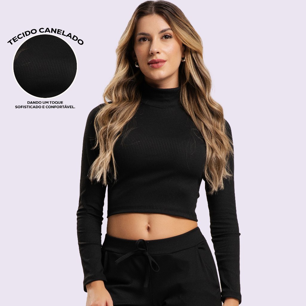 Blusa Cropped Canelada Manga Longa Gola Alta Moda Blogueira Outono/Inverno