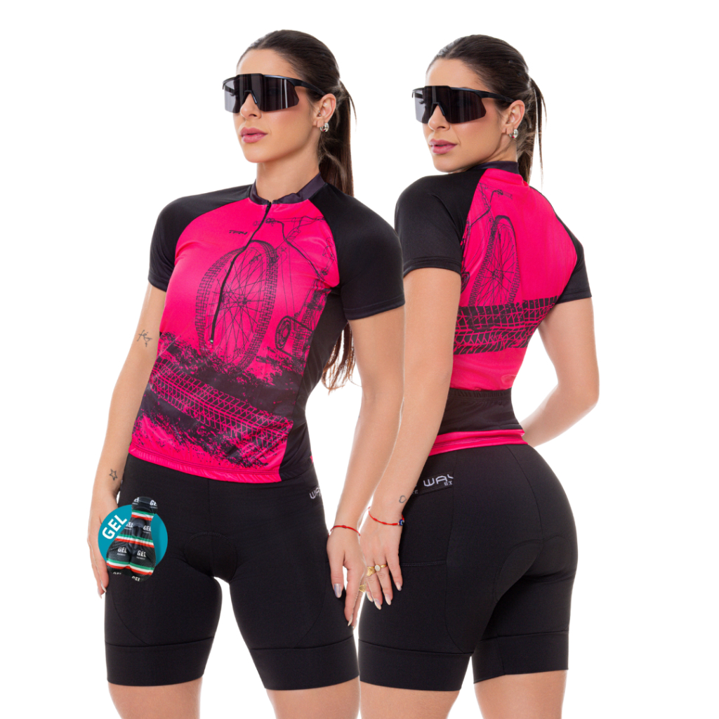 Conjunto de Ciclismo Feminino Camisa Bike Roda Rosa Pro e Bermuda de Gel