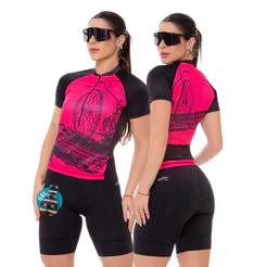 Conjunto de Ciclismo Feminino Camisa Bike Roda Rosa Pro e Bermuda de Gel