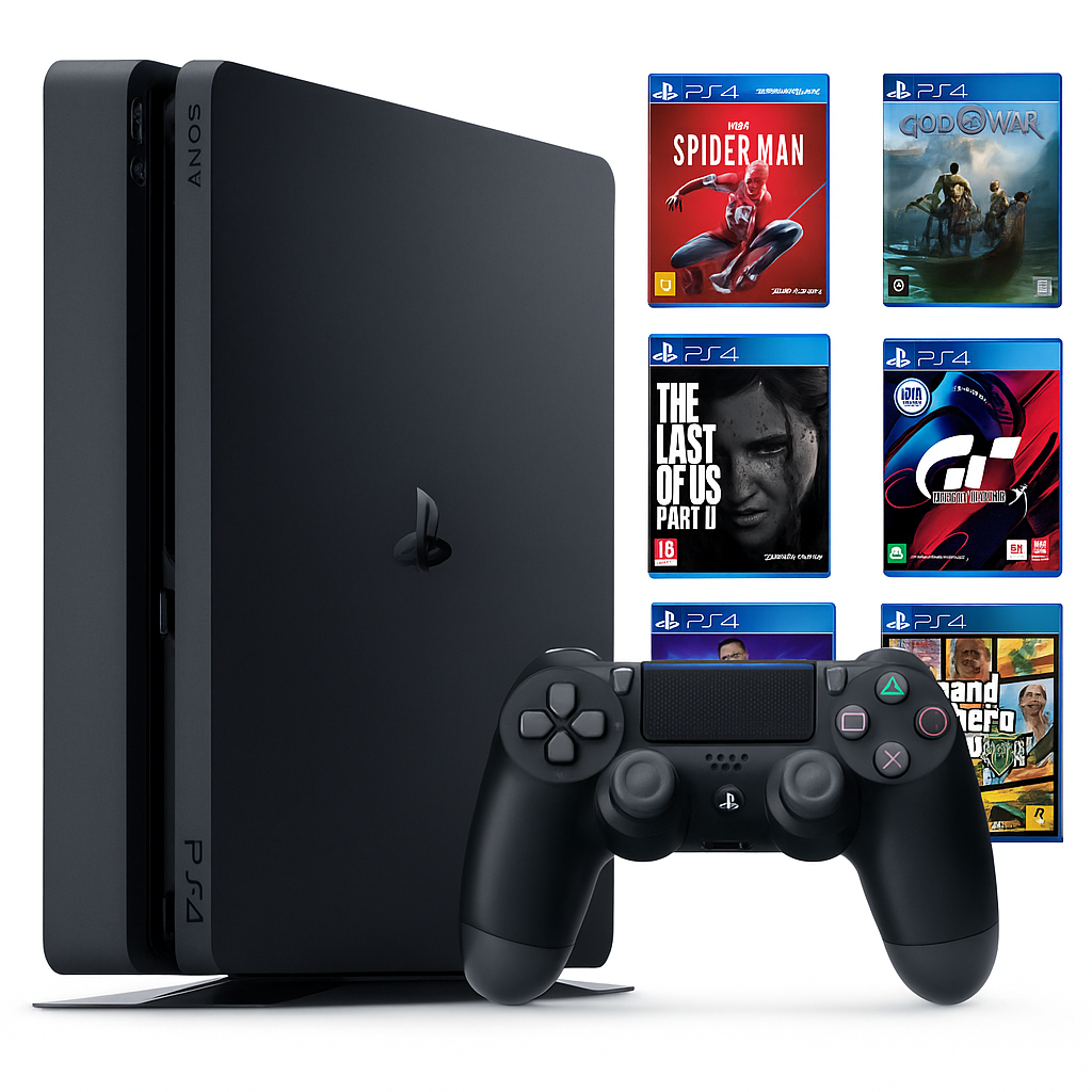 Console Playstation 4 Ps4 Slim 1TB Cor Preto 2 Controles + 2 Jogos + Quadro Decorativo