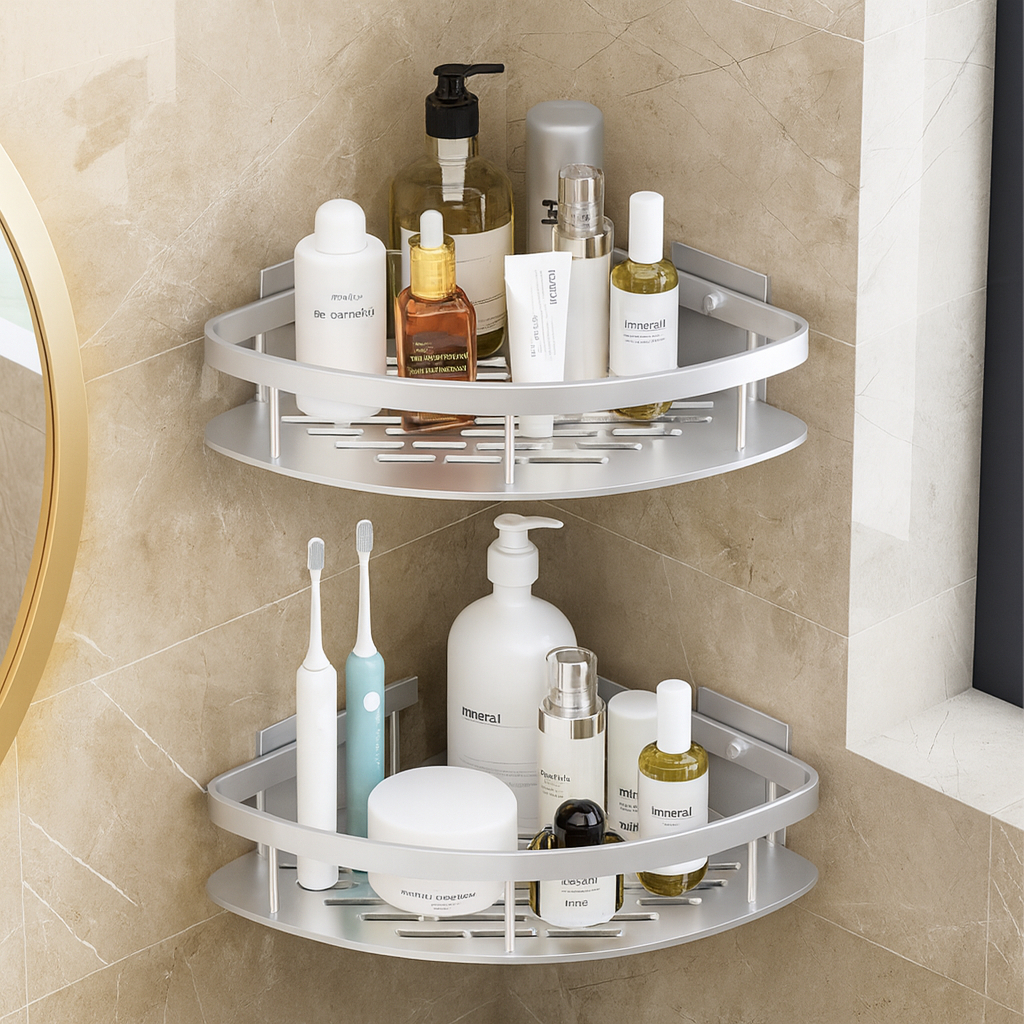 Kit 2 Suporte Banheiro Porta Shampoo e Sabonete Prateado Canto Prateleira Prata Organizador Chuveiro