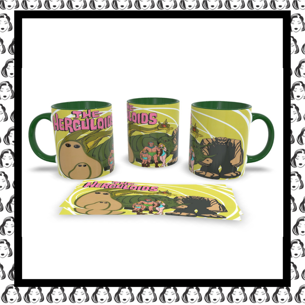 Caneca cerâmica decorada branca - interior e alça verde - desenho vintage - Os Herculóides