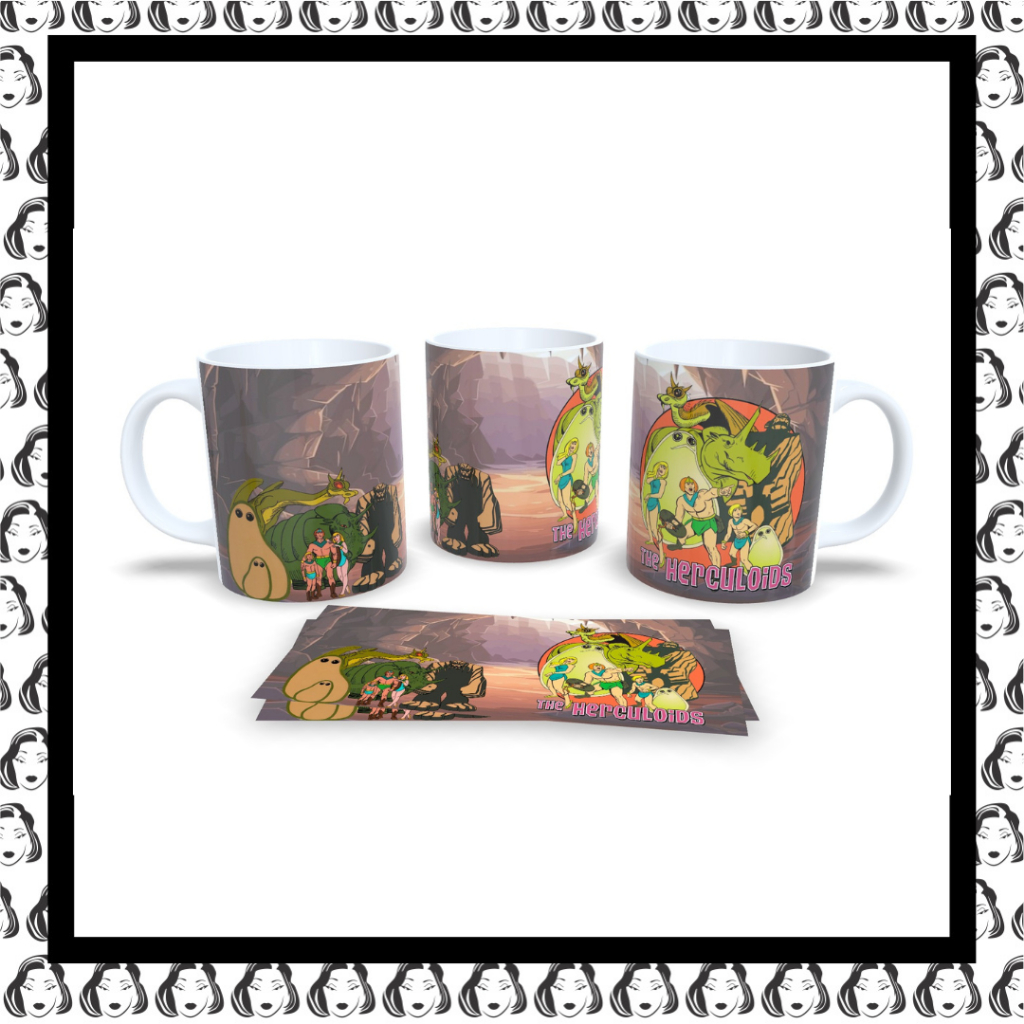 Caneca cerâmica decorada branca - desenhos vintage - Os Herculóides