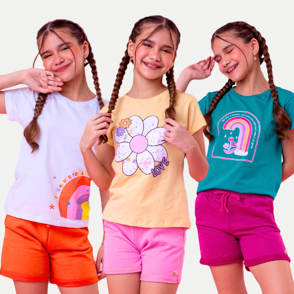 Kit conjunto juvenil menina 6 Peças Roupas Infantil Menina 2 à 16 Anos 3 conjunto infantil menina Camiseta Short