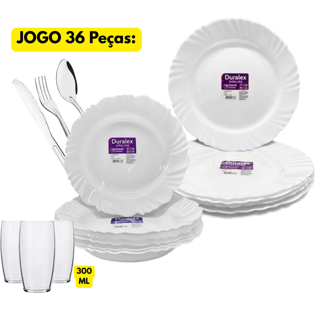 Jogo Kit 36 Peças Jantar Vidro 06 Prato Fundo + 06 Raso Duralex Petala +06 Copo Oca 300ML+ 18 Talheres Oriente Inox