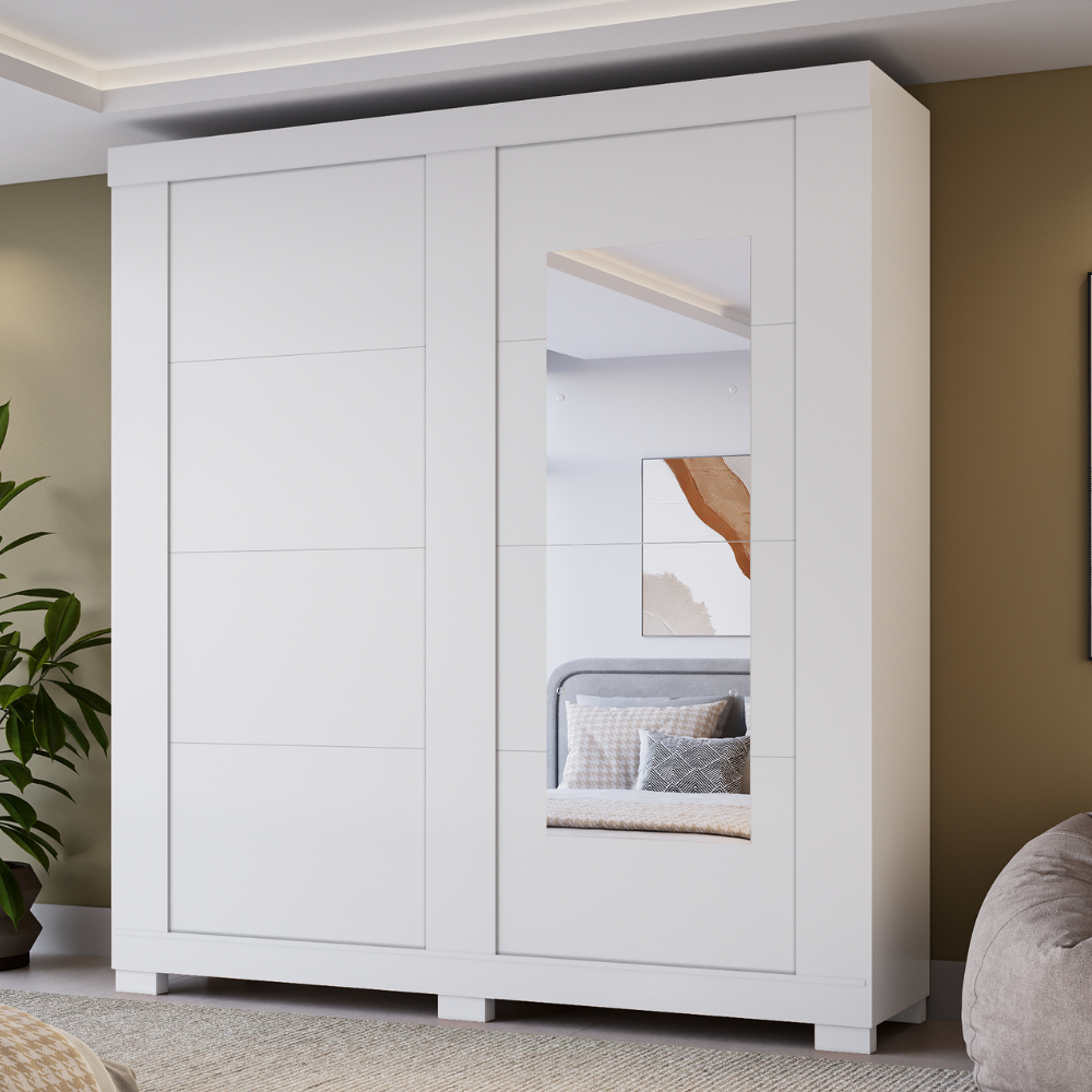 Guarda-Roupa Solteiro Chile 2 Portas de Correr com Espelho e 2 Gavetas 100% MDF - Linha Mobília