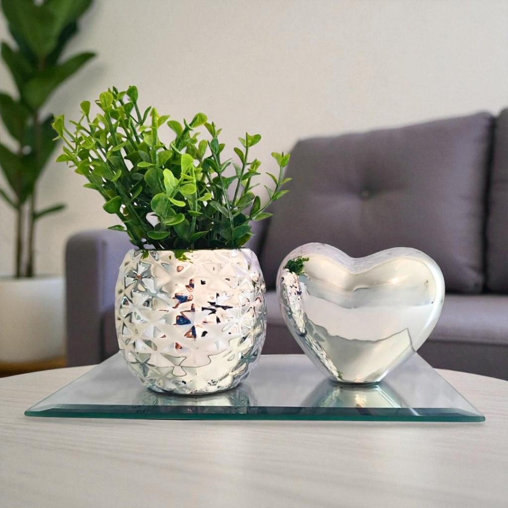 Conjunto Decoração Com Vaso 3D Enfeite Decorativo Elegante Luxo Com Coração Metalizado Rose Prata Dourado