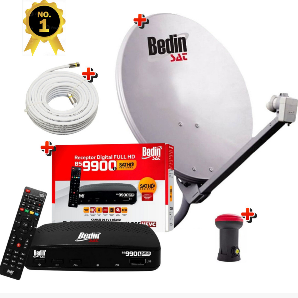 Kit Antena Parabólica Digital Banda Ku Bedin Sat com Receptor Digital, LNBF,  Cabo Coaxial e Antena