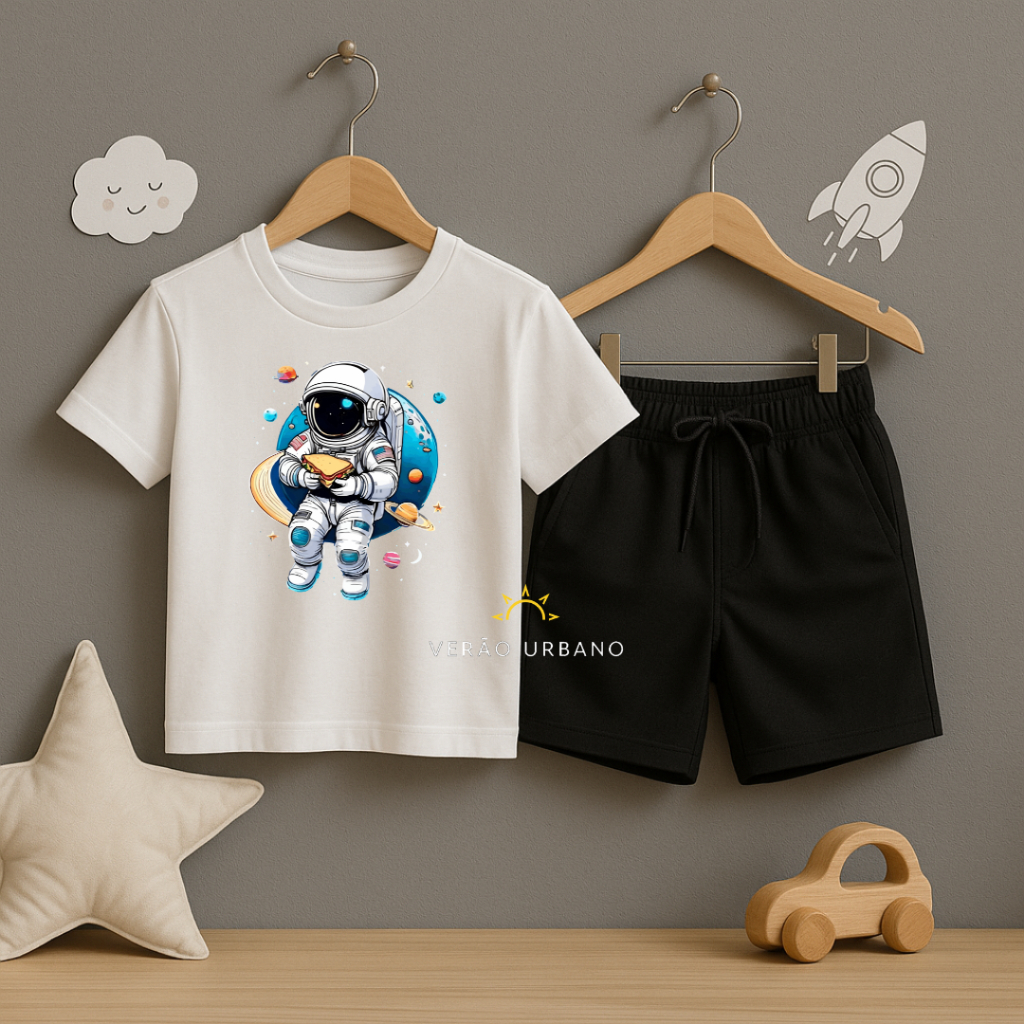 Conjunto Bermuda Preta Com Bolso + Camiseta "Astronauta" Algodão Infantil Kids Juvenil
