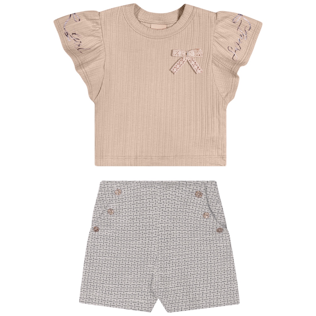 Conjunto Menina Angerô Blusa Canelada Short Texturizado Bege/Preto 37124