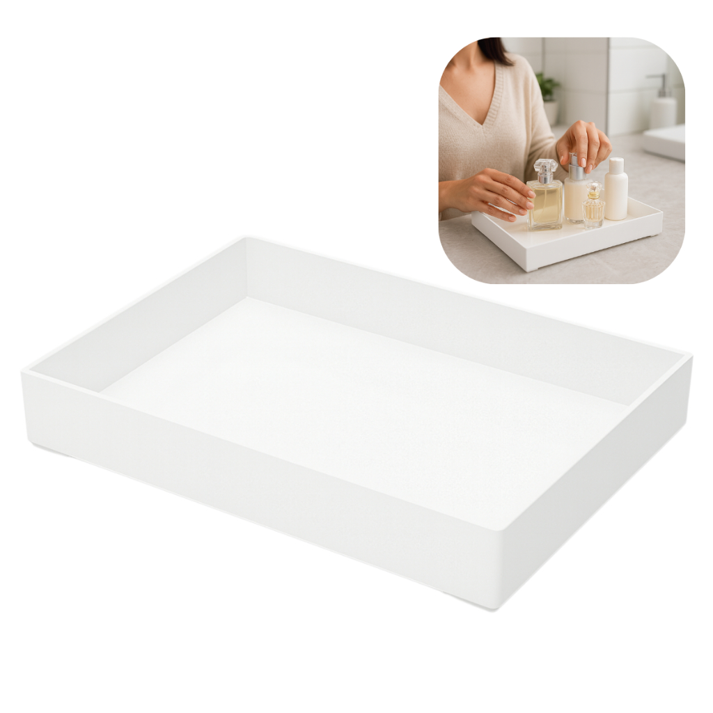 Bandeja Branca Alta Acrílico Retangular Servir Decorativa Café Cozinha Copo Taça Bar Banheiro Quarto Lavabo Festas Doces