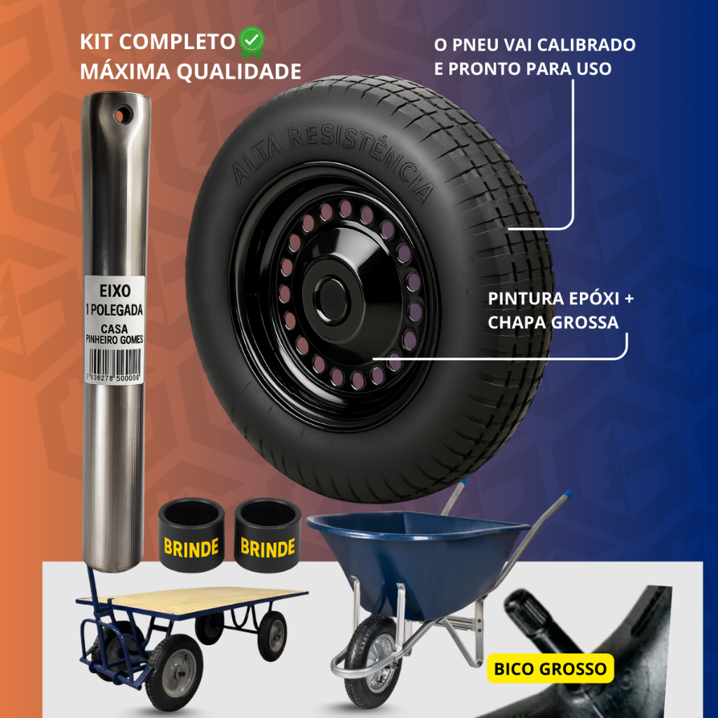 Roda com Pneu e Câmara para Carriola Carrinhos plataforma Carrinho de Carga 3,25x8 + Eixo 1 polegada Completo em Oferta na Shopee