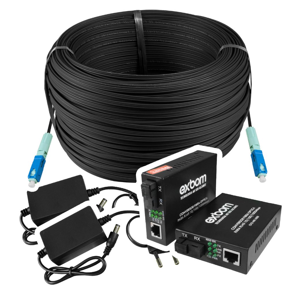 Kit Completo com Conversor de Mídia SC para RJ45 e 300 Metros de Cabo Óptico Mini Drop Flat 01FO Conectorizado