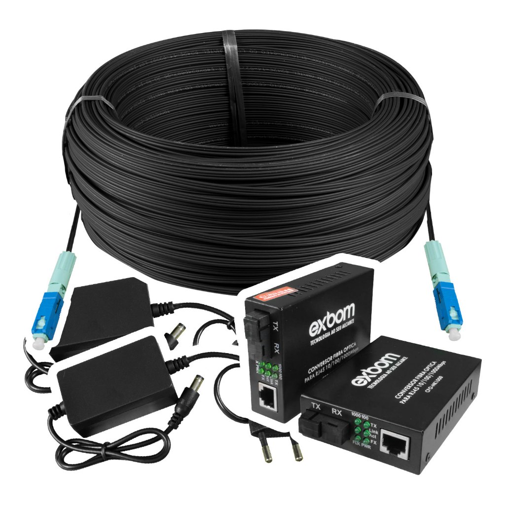 Kit CONVERSOR DE FIBRA ÓPTICA SM 10/100/1000 5KM 1FO SC RJ45 CFO-N1000 + 250 METROS DE CABO ÓPTICO MINI DROP FLAT 01FO