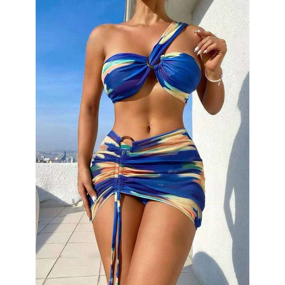 Kits 3 pecas Conjunto de biquini estampado saia tule de amarrar em Oferta na Shopee