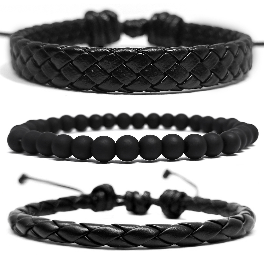 Pulseiras Masculinas de Couro Ajustável Bolinha Preta Fosca 6mm em Oferta na Shopee