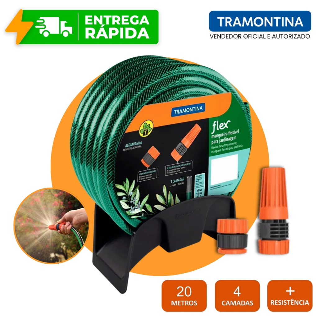 Kit Mangueira Com Esguicho + Suporte Reforçada 15/20/25/30 metros 1/2" 4 Camadas Jardim Tramontina em Oferta na Shopee