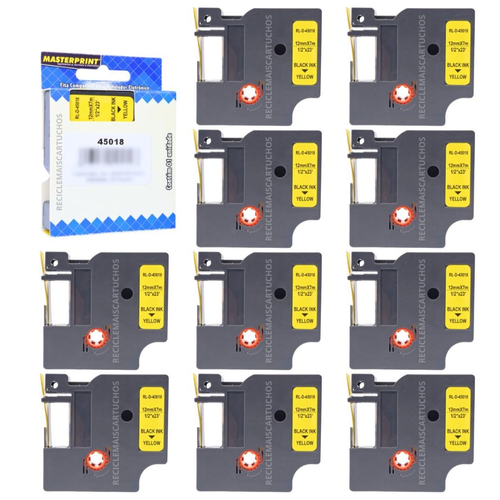 10 Fita 45018 Rotulador Dymo 12mm PL100 PL150 PL200 PL300 Preto no Amarelo Masterprint