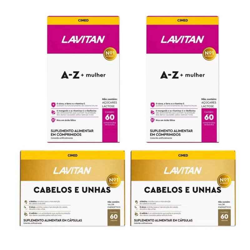 Kit com 2 Lavitan Mulher A-Z + 2 Lavitan Cabelos e Unhas 60 Comprimidos Cada - Cimed em Oferta na Shopee