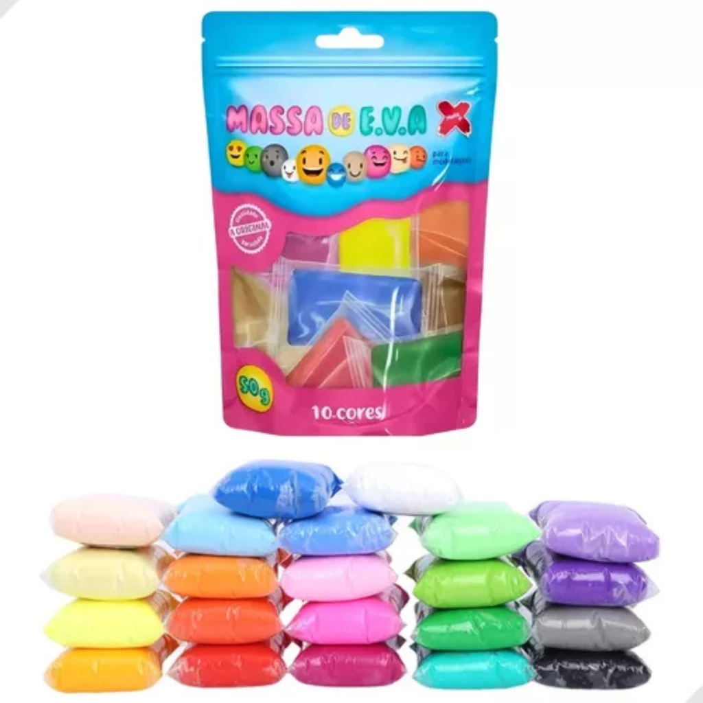Massa de EVA Modelagem Atóxica 50g Make+ Kit com 10 Cores para Artesanato E.V.A sem Sujeira