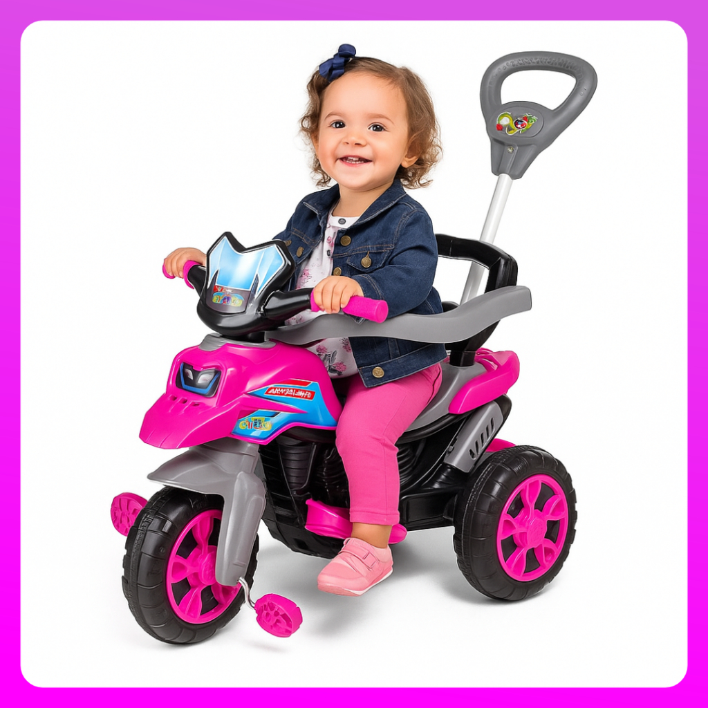 Triciclo Carrinho de Passeio Moto Infantil Rosa Criança Menina Pedal Haste Cinto de Segurança Buzina