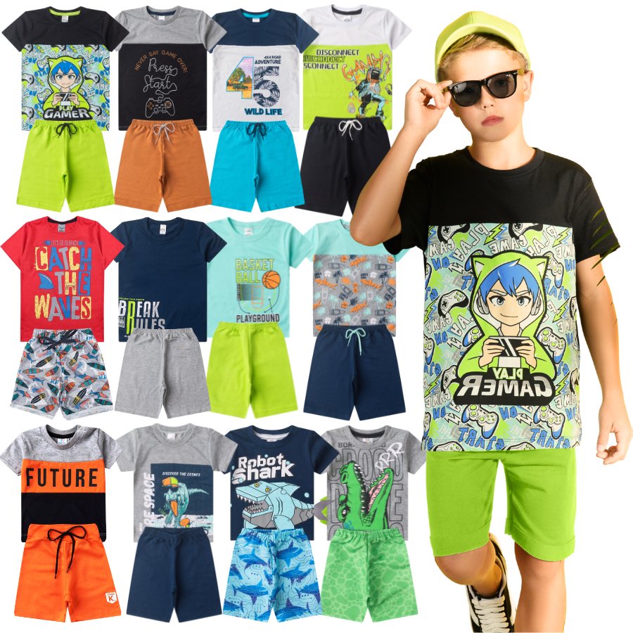 Kit Sortido 8 Peças de Roupas Infantil Menino = 4 Camisetas + 4 Bermudas - Kit com 4 Conjuntos de Roupa Infantil Menino