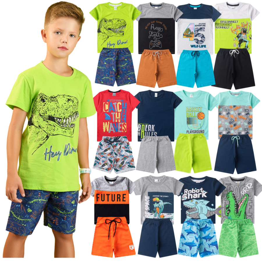 Kit Sortido 10 Peças de Roupas Infantil Menino = 5 Camisetas +5 Bermudas - Kit com 5 Conjuntos de Roupa Infantil Menino