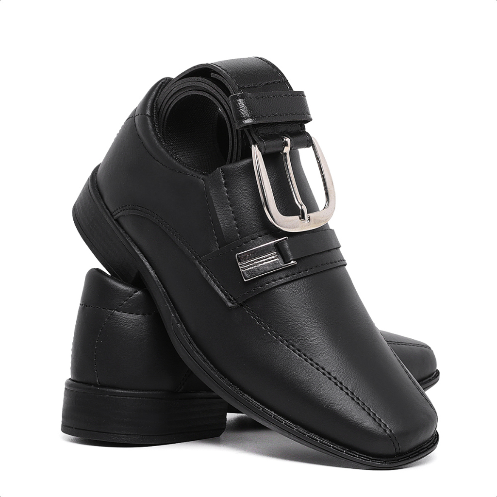 Kit Sapato Social Infantil Masculino Cinto Preto 445 Pajem Bico Quadrado Formatura Casamento