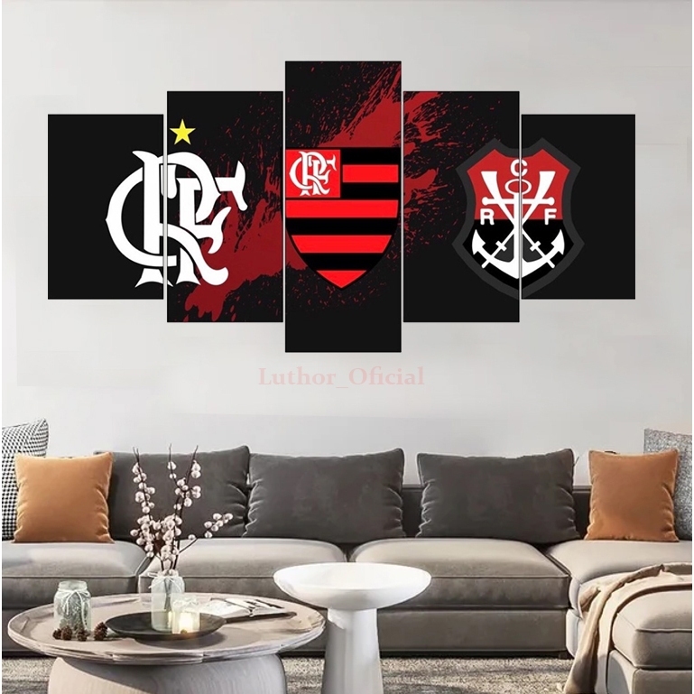 Kit Quadros Decorativo 5 peças Decoração Clube Flamengo Mengão Hall Sala Quarto Mosaico MDF fULL HD