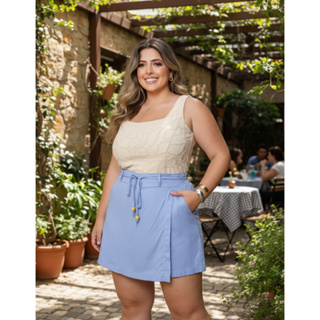 Short Saia Plus Size Cintura Alta Com Bolsos E Cinto Linho em Oferta na Shopee