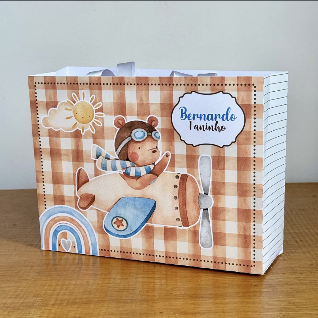 Sacolinha Sacola Personalizada | Chá de bebe | Lembrancinha Ursinho aviador aquarela