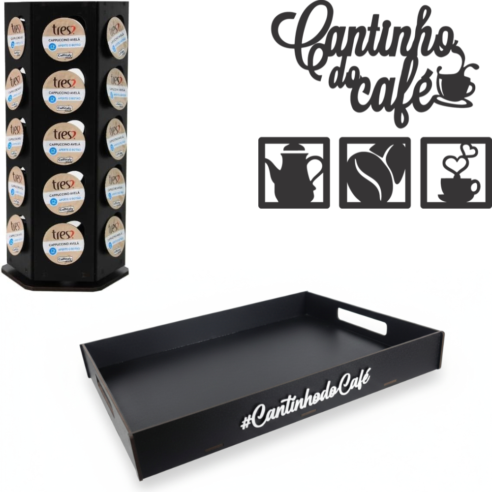 Porta-Cápsulas Três Corações 30 Cápsulas Giratório Cantinho do Café Placa Bandeja Preta Decoração