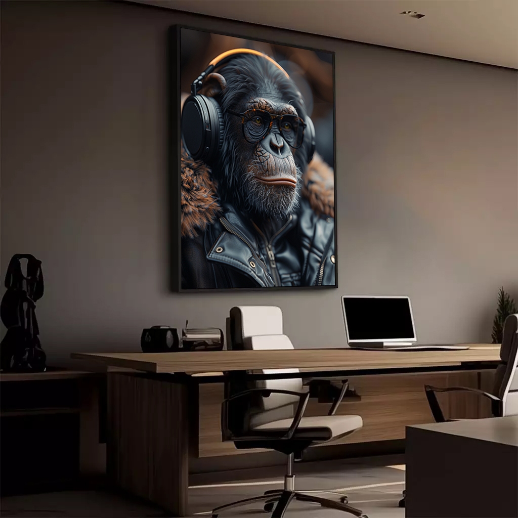 Quadro Macaco Casaco De Couro Com Fone Música Rock Festa Balada