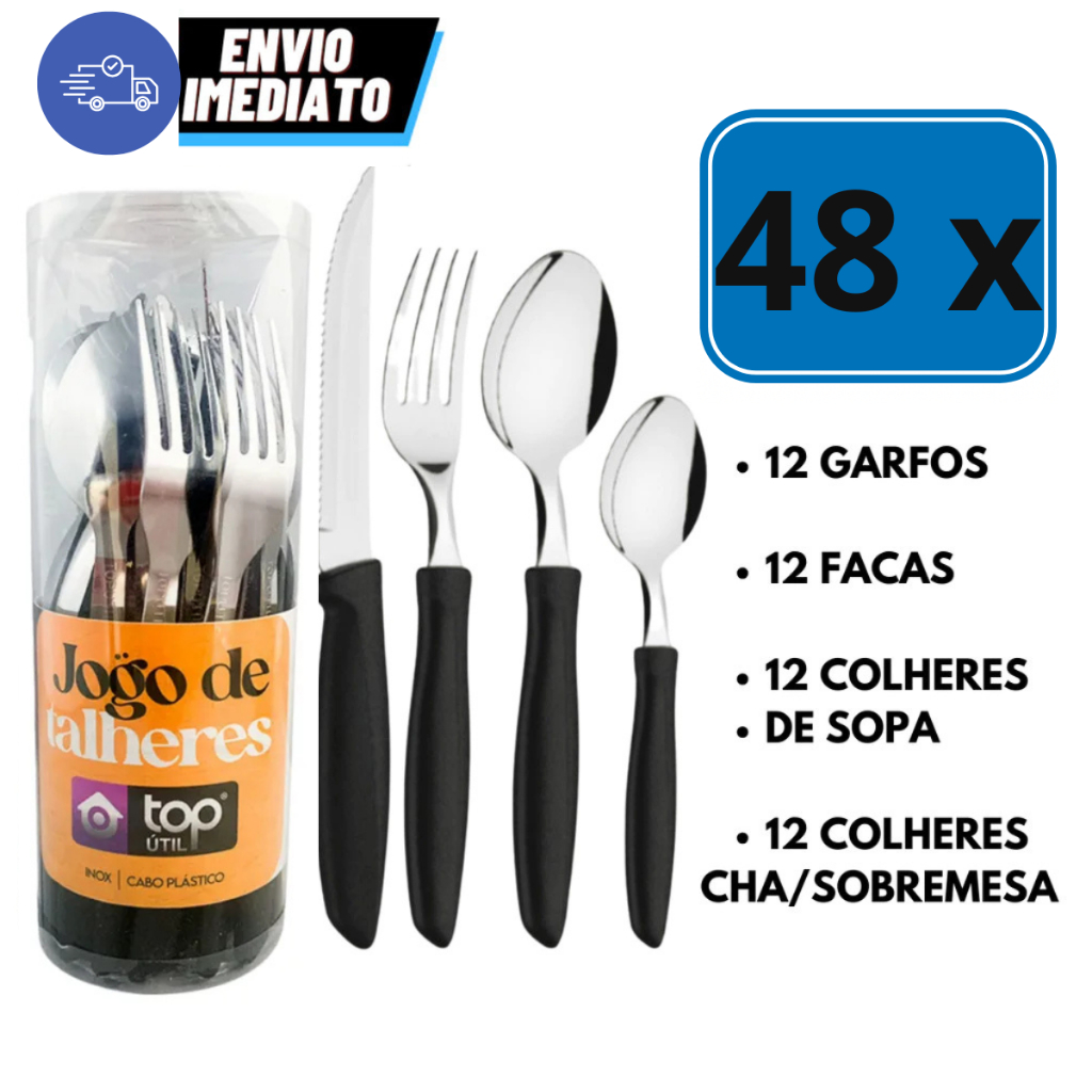Jogo De Talheres 48 Peças Garfo Faca Colher Inox Com Cabo De Plástico Premium em Oferta na Shopee