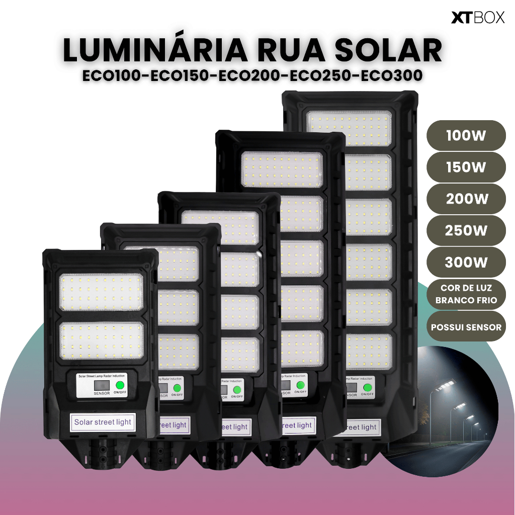 ECO Luminária Pública Led 100w/150w/200w/250w/300w Solar C/ Sensor Poste Rua