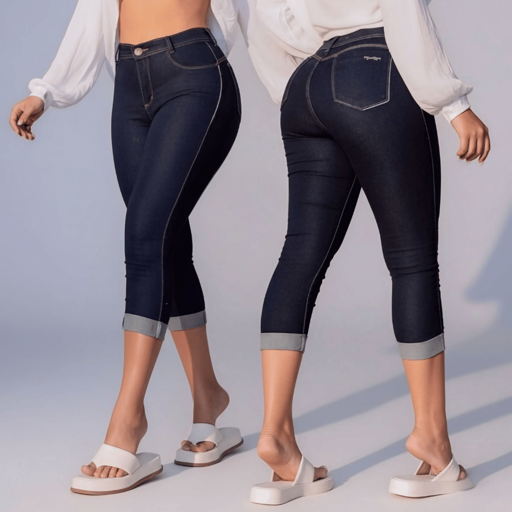 Calca Capri Jeans Feminina Cintura Alta Com Lycra Elastano Basica Casual Trabalho Confortavel em Oferta na Shopee