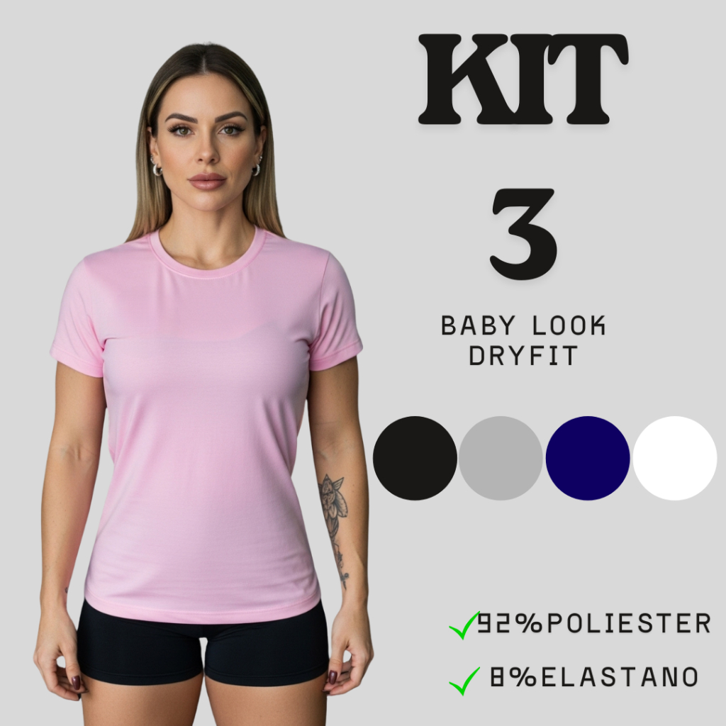 Kit 3 Camisetas Femininas Dry Fit Baby Look – Academia, Corrida, Treino UV