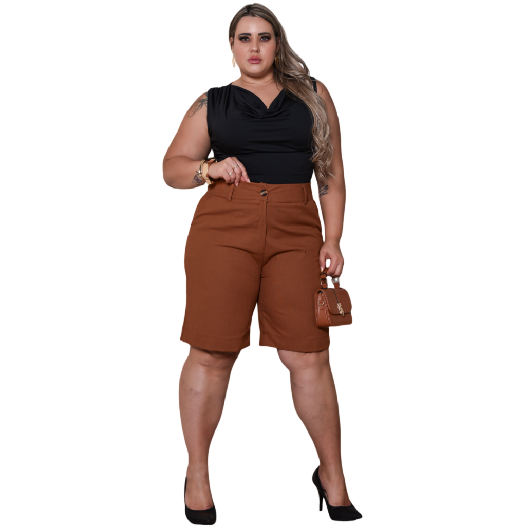 Bermuda Plus Size De Linho Short Feminina Com Bolso Cintura Alta em Oferta na Shopee