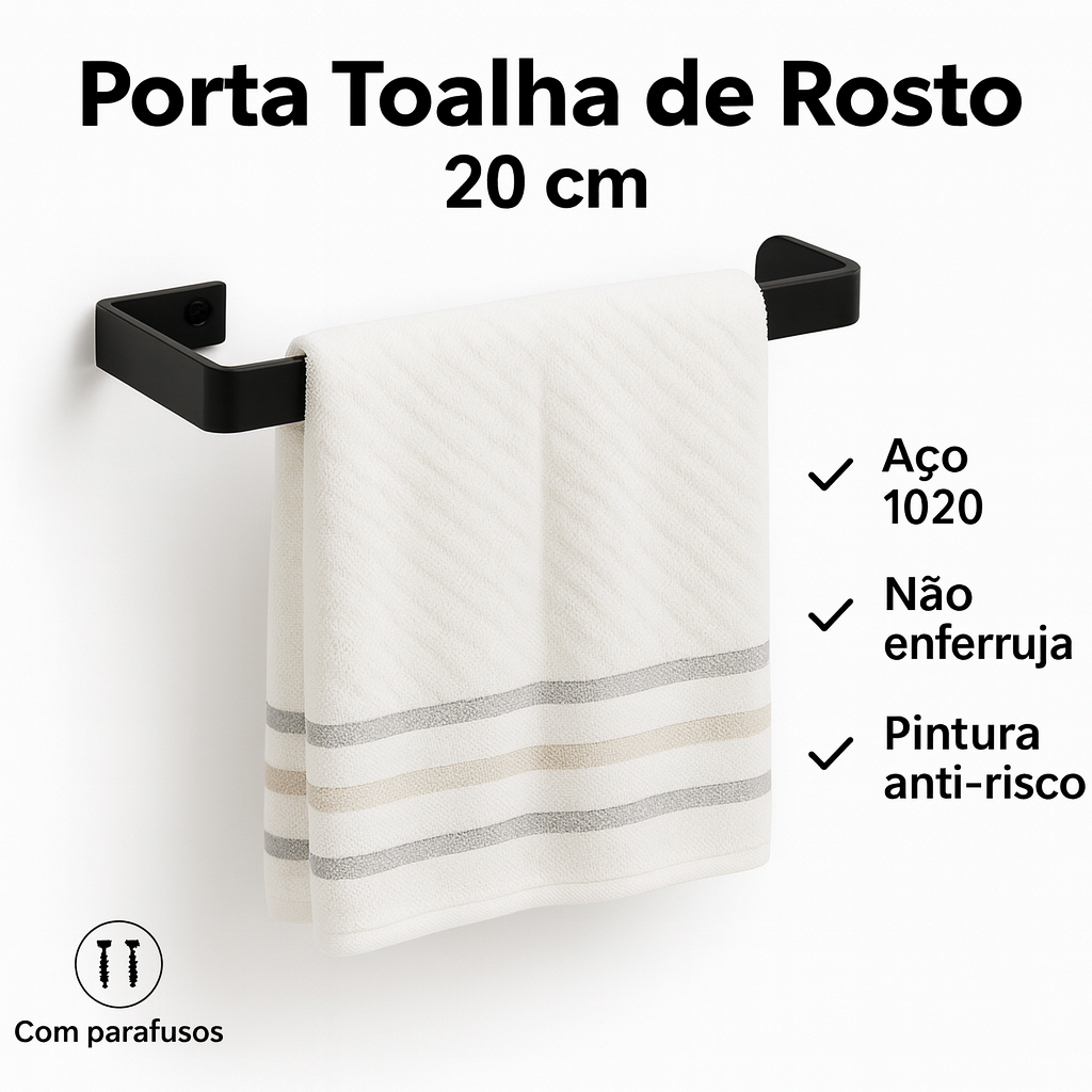 Porta Toalha de Rosto 20cm Aço Preto Fosco | Com Parafusos | 1un, 2un ou Kit Lavabo 3 Peças