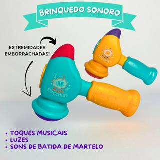 BRINQUEDO SONORO EM FORMA DE MARTELO COM LUZES, SONS DE BATIDA DE MARTELO E TOQUES MUSICAIS, 2 CORES em Oferta na Shopee