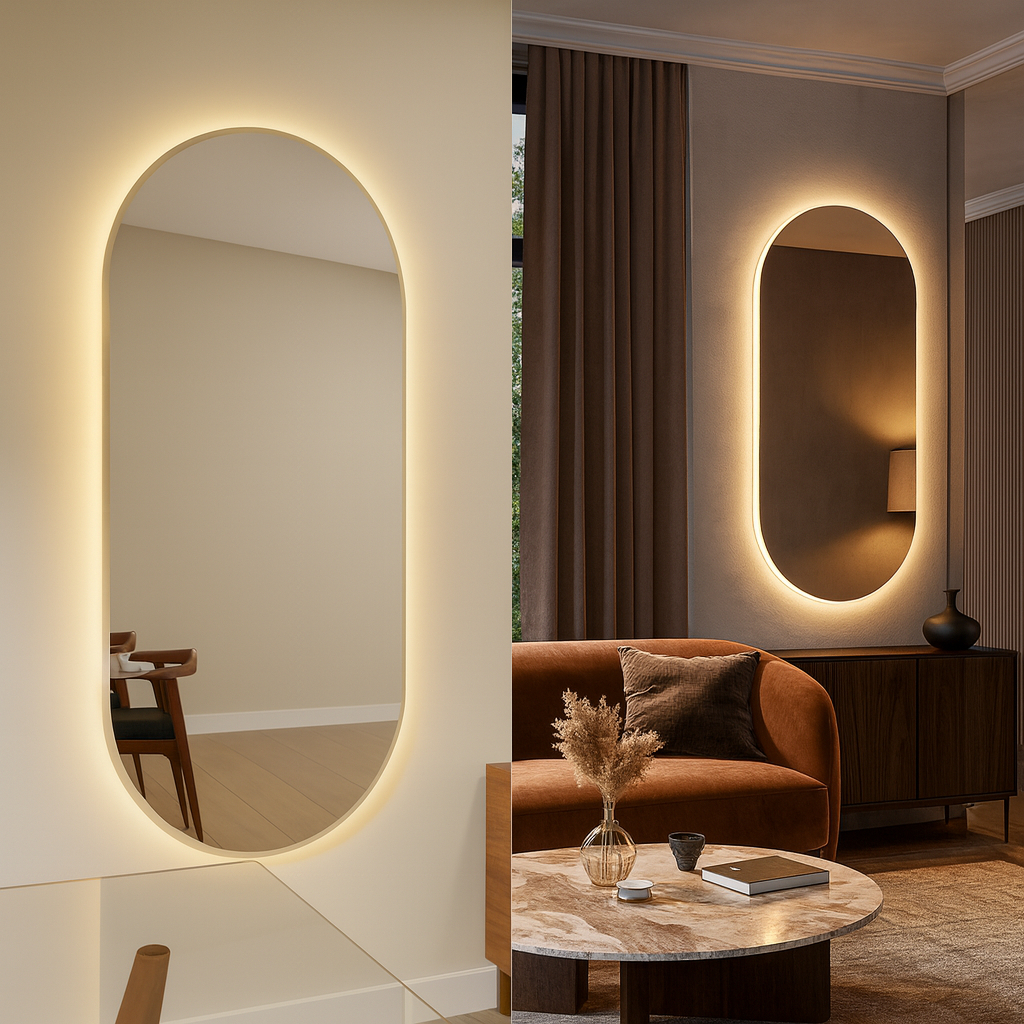 Espelho Grande Oval Led Quente 3000K Neutro 4000k Frio 6000k Sem Moldura Corpo Inteiro Banheiro Hall Bivolt em Oferta na Shopee