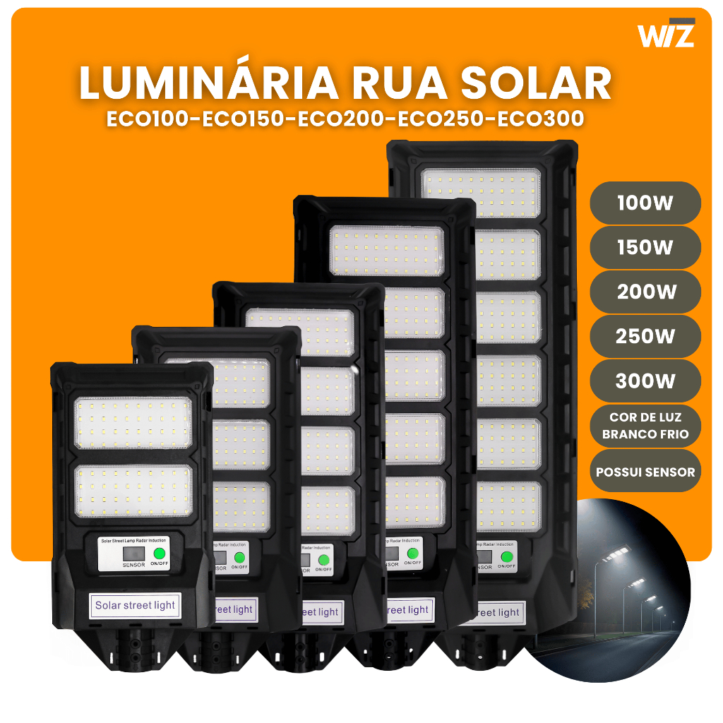 Poste Rua ECO Luminária Pública Solar Led 100w/150w/200w/250w/300w C/ Sensor
