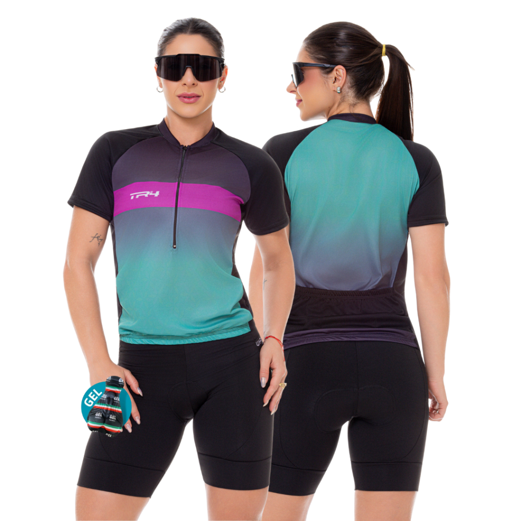 Conjunto de Ciclismo Feminino Camisa Fúcsia e Bermuda Gel Roupa de Pedal Slim