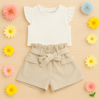 Conjunto Infantil Blusa Cropped Frufru + Shorts Linho Clochard Kit com 2 Peças Super Estiloso CJI033 em Oferta na Shopee
