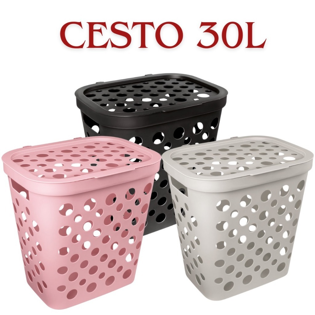Cesto Telado 30 Litros com Tampa e Alça Cesto de Roupa Suja Banheiro Lavanderia - Usual Utilidades em Oferta na Shopee